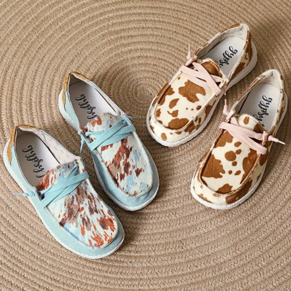 Women's cowprint Flats Shoes, Round Toe Low Top Slip On Sneakers, Wester… - Picture 5 of 5